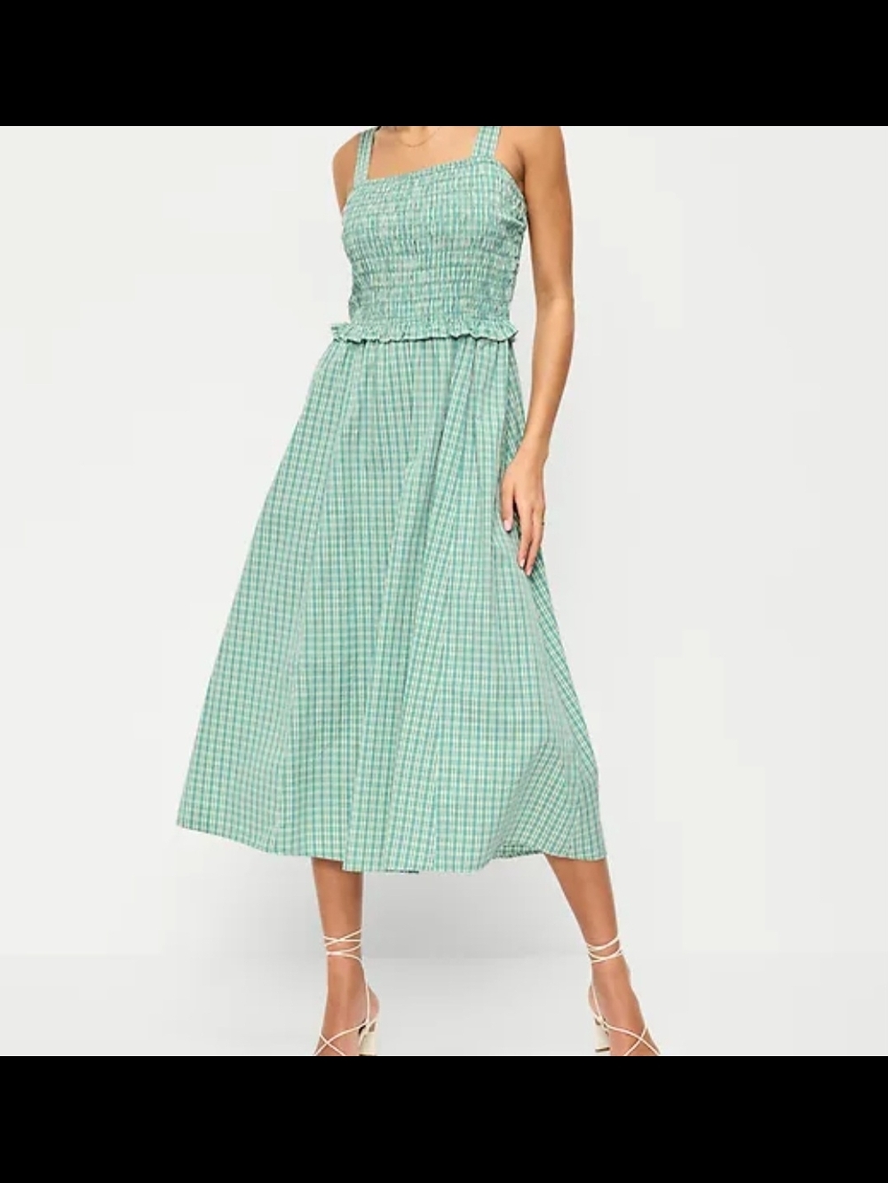 Green Gingham Fit And Flare Smocked-Bodice Midi Dress